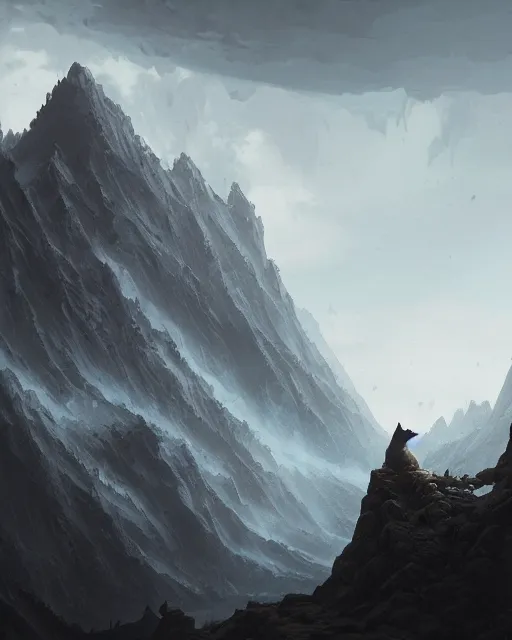 Prompt: a huge mountain in the shape of a wolf, terrifying, environment art, fantasy art, landscape art, in the style of greg rutkowski, illustration, epic, fantasy, intricate, hyper detailed, artstation, concept art, smooth, sharp focus, ray tracing