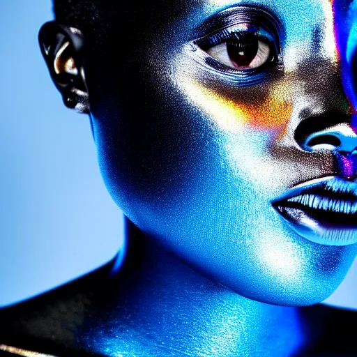 Prompt: portrait of iridescent metalic face, african woman, reflections, proud looking, outdoor, blue sky, 8 k, realistic, depth of field, highly detailed, art photography