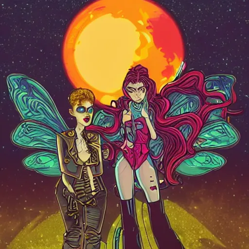 Prompt: surreal photorealistic cartoon art of grimes as a cosmic steampunk fairy holding a miniature elon musk prisoner. synthwave