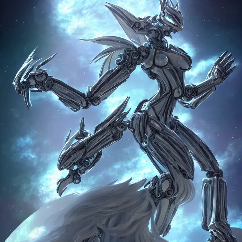 Image similar to goddess shot, galactic sized stunning beautiful anthropomorphic robot mecha female dragon, in space, larger than planets, posing elegantly, the earth a mere marble in her claws, detailed silver armor, epic proportions, epic scale, detailed digital art, ultra detailed, furry art, macro art, dragon art, giantess, warframe fanart, furaffinity, deviantart, realistic