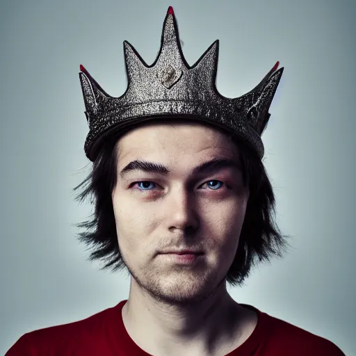 Image similar to man with a crown, smirk, photograph, black backgrounds, red eyes