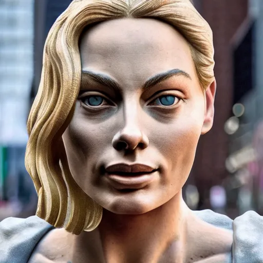 Image similar to a realistic renaissance sculpture of margot robbie by michelangelo, standing in times square, 3 d render, hyper detailed, sharp focus, 8 k resolution