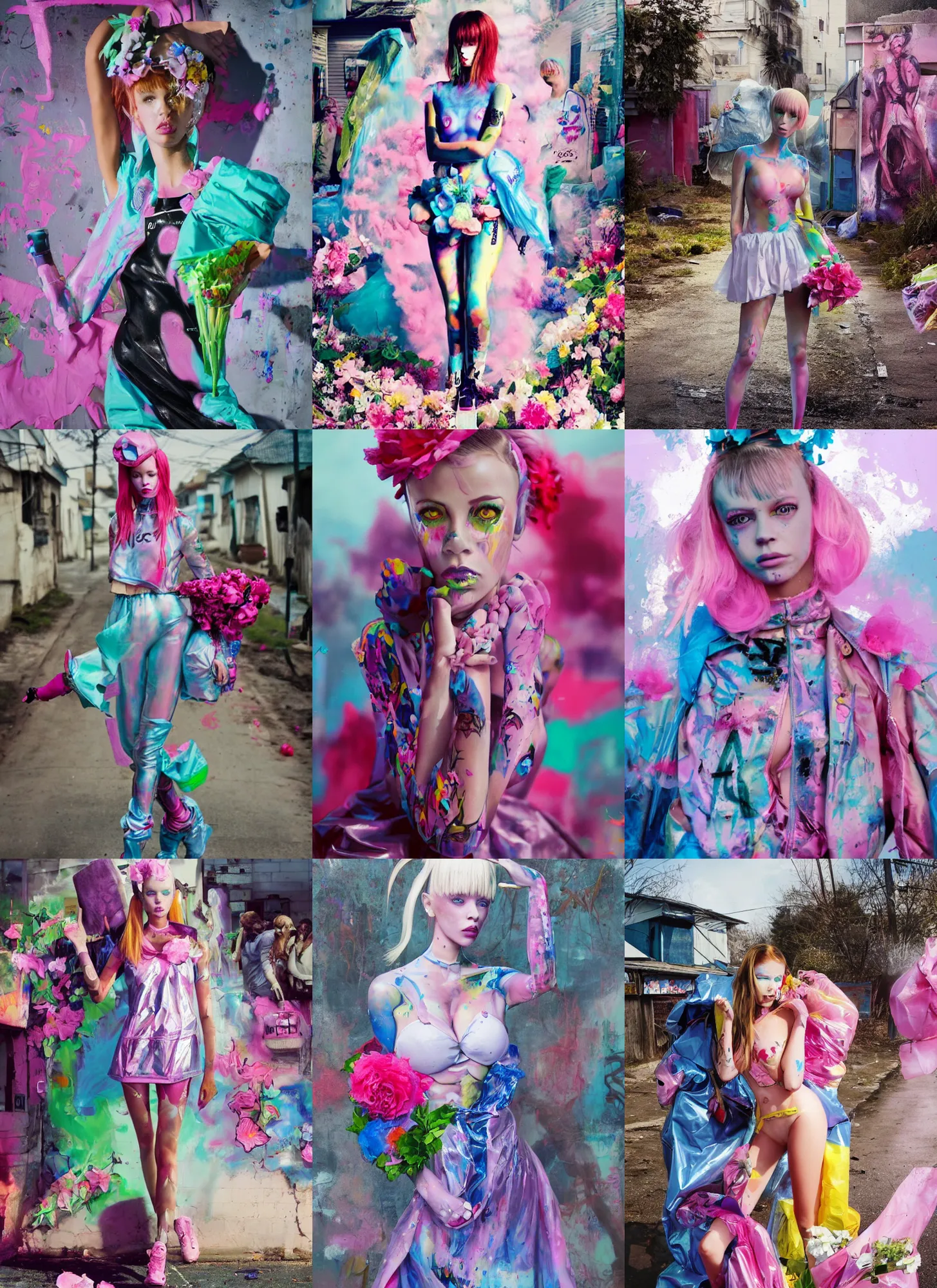 Prompt: still from music video of barbie palvin from die antwoord standing in a township street, wearing a trashbag garbage bag and flowers, street fashion, full figure portrait painting by martine johanna, ilya kuvshinov, rossdraws, pastel color palette, shiny plastic, spraypainted bodypaint graffiti