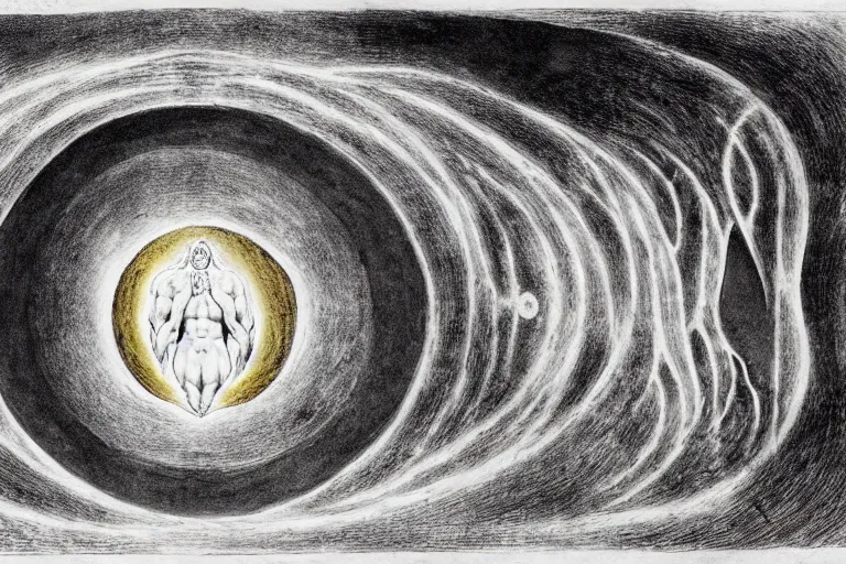 Prompt: a god giving birth to a new universe and then dissolving itself into it, in the style of william blake, illustration, epic, fantasy, smooth