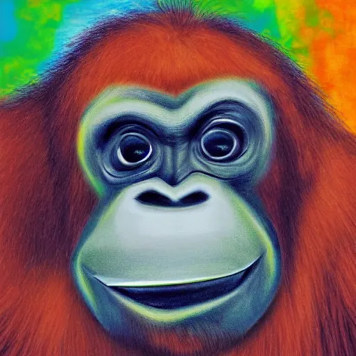 Image similar to abstract surrealist orangutan making a weird face