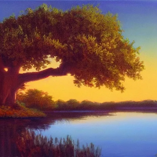 Image similar to beautiful paiting of an oak tree growing in the middle of a lake at dusk, by bob ross