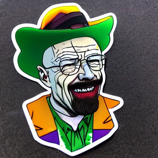 Image similar to die cut sticker, walter white laughing like the joker, splatter paint