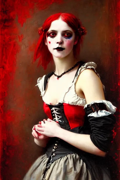 Prompt: solomon joseph solomon and richard schmid and jeremy lipking victorian genre painting portrait painting of a happy young beautiful woman punk rock goth girl german french actress model pirate wench in fantasy costume, red background