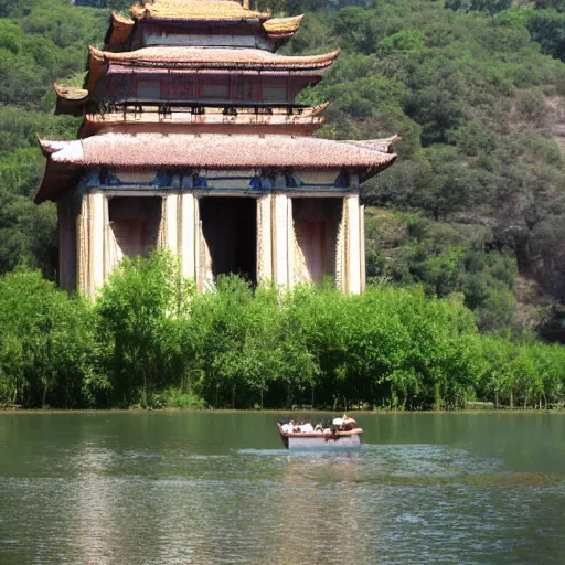 Image similar to large river with a large temple floating in the middle of it