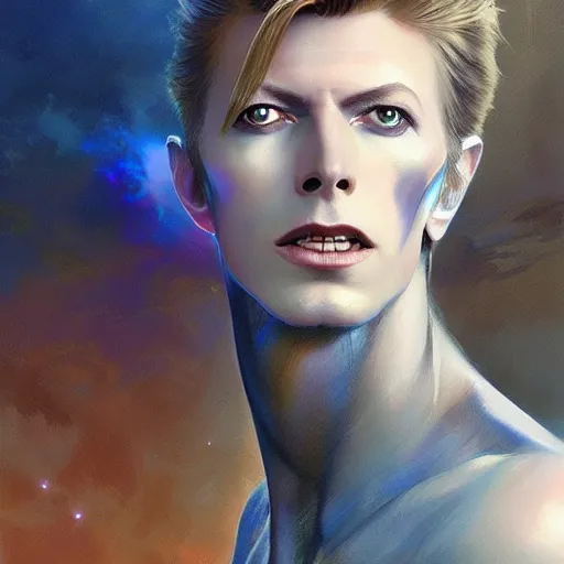 Image similar to young David Bowie, artists portrait, fantasy, highly detailed, digital painting, Abstract colours, concept art, sharp focus, depth of field blur, illustration, art by artgerm and greg rutkowski and alphonse mucha