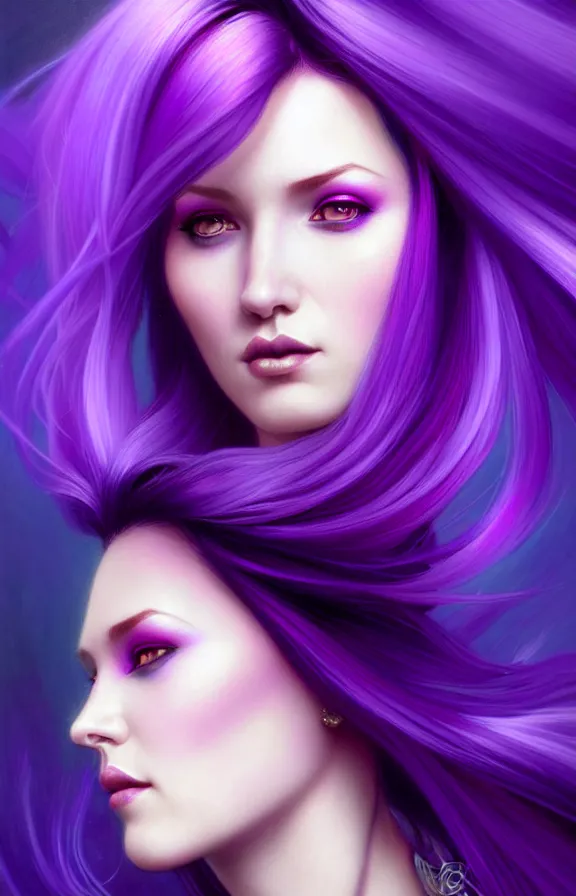 Image similar to Purple hair relistic closeup Portrait of a woman with bright colored flying hair, all shades of purple. Beauty face, Hair coloring, fantasy, intricate, elegant, highly detailed, digital painting, artstation, concept art, smooth, sharp focus, illustration, art by artgerm and greg rutkowski and alphonse mucha