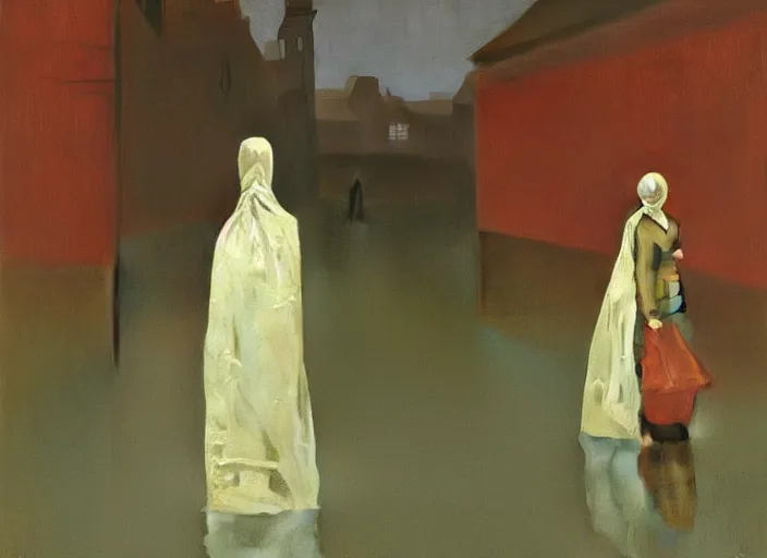 Image similar to woman dressed in plastic bags in paper bag over the head on flooded street Edward Hopper and James Gilleard, Zdzislaw Beksinski, highly detailed