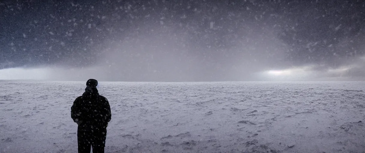 Prompt: a high quality color closeup hd 4 k film 3 5 mm photograph of very heavy snow storm blizzard in desolate antarctica, the faint barely visible silhouette of a bulky man is inside the blizzard