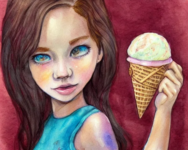 Image similar to a girl with the ice cream watercolor colored pencil painting trending on artstation