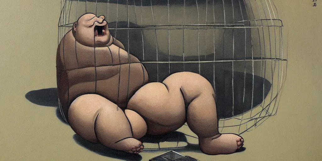 Prompt: a fat man trapped in a tiny cage, bulging and writhing in depressive agony detailed painting by tokio aoyama