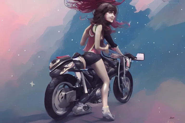 Image similar to a girl is riding a motorbike, digital painting, artstation, the space background,concept art, illustration,