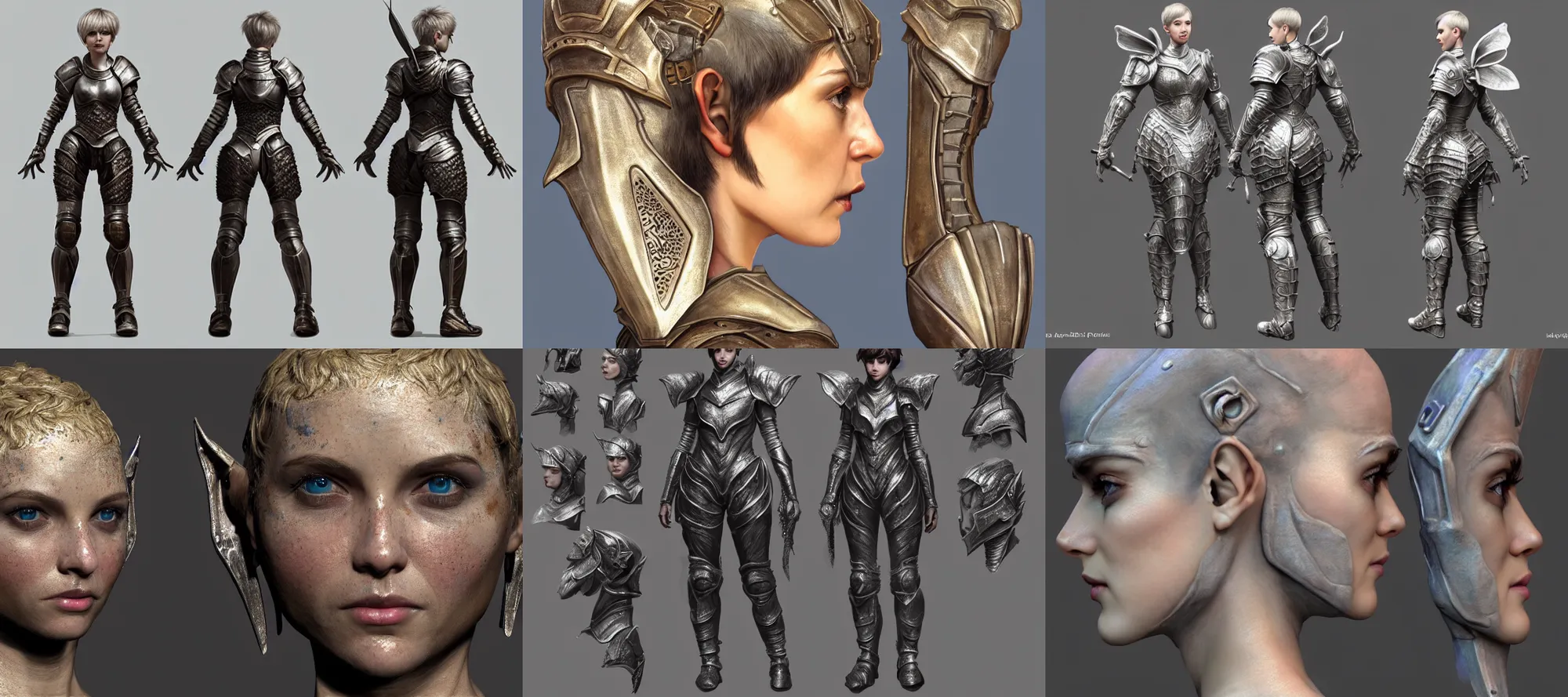 Prompt: hyper detailed substance painted 3 d full body turnaround character portrait of a woman with a pixie cut and armor, realistically proportioned face, photorealistic eyes, cinematic lighting, good value control, smooth, realistic shading, realistic face details, highly detailed, digital painting, painted texture maps, good colors, illustration, substance painter, ultra realistic, very highly detailed, segmented armor