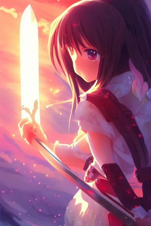 Prompt: Anime key visual of a young lady holding her sword in the air with a beam of light shining on it, intricate, magical island, stunning, digital painting, artstation, illustration, graphic design, soft lighting, sword reflection, art by Viktor Berendeev