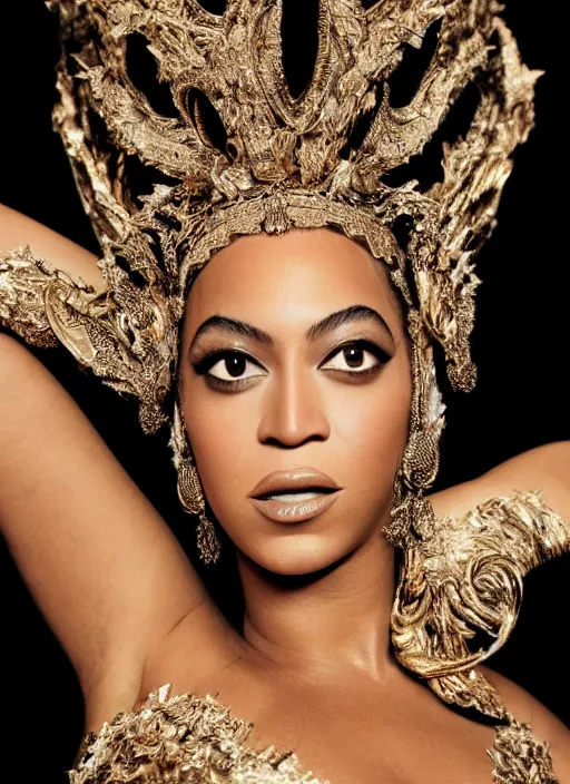 Image similar to photo of beyonce styled by nick knight posing, intricate headpiece, showstudio, face close up, vogue magazine, 2 0 2 0, canon, highly realistic. high resolution. highly detailed. dramatic. 8 k. 4 k.