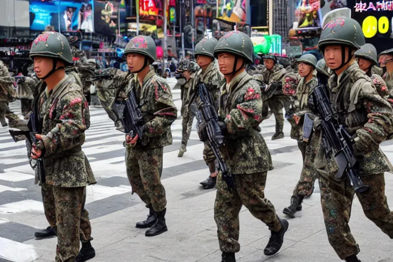 Prompt: chinese army fighting on time square