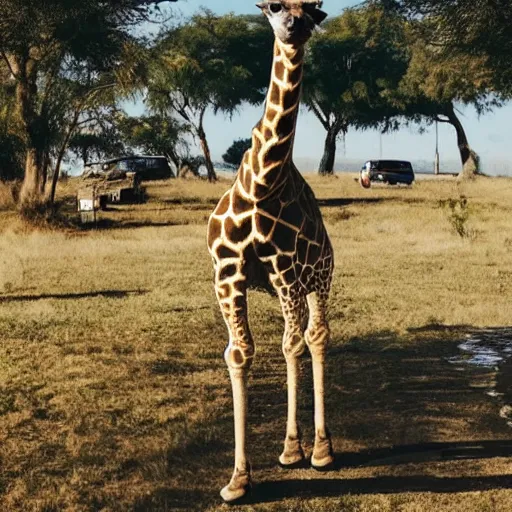 Image similar to a Giraffe-Pug Hybrid, A Giraffe that looks like a pug, huge tusks, afternoon hangout, good times photograph, candid