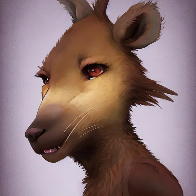 Image similar to a beautiful portrait of a cute anthropomorphic humanoid brown hyena fursona. big eyes. character design by cory loftis fenghua zhong ryohei hase isma