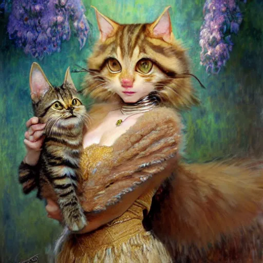 Prompt: portrait of a furry fluffy female tabby cat in a cute dress. shadowrun furaffiniy cyberpunk fantasy highly detailed painting by gaston bussiere craig mullins jc leyendecker gustav klimt artgerm greg rutkowski john berkey, bergey, craig mullins, ruan jia, raymond swanland, jeremy mann, tom lovell, alex malveda