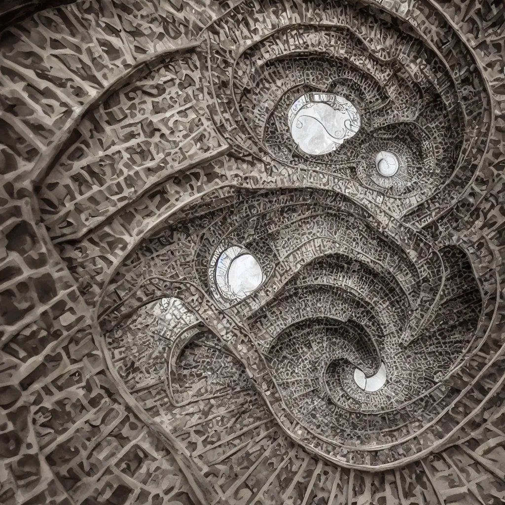 Image similar to grand spiral stairscase going down deep in a hole, by etienne - louis boullee and gaudi, leica, high quality, high detailed