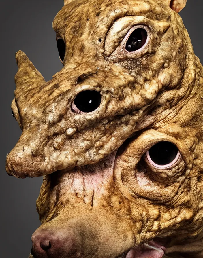 Prompt: high resolution photo portrait of muscular animal human merged head skin ears, background removed, scales skin dog rat, alligator cat merged bird head cow, chicken face morphed fish head, gills, horse head animal merge, morphing dog head, animal eyes, merging crocodile head, anthropomorphic creature