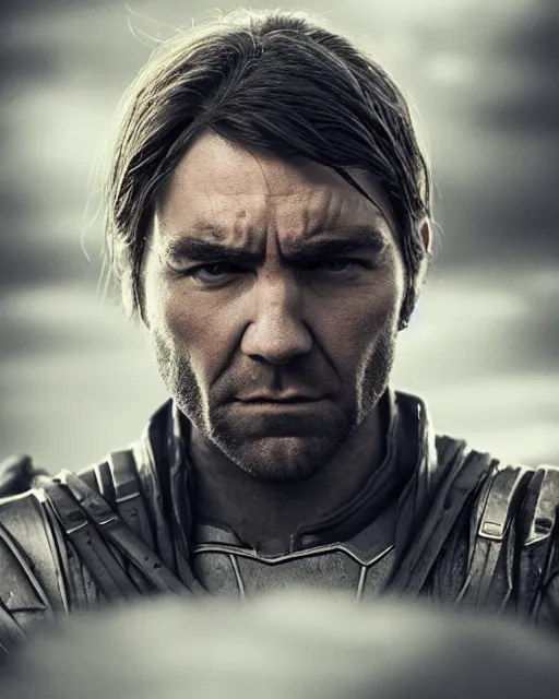Image similar to an epic dramatic portrait of antony starr as the homelander, very low angle, detailed face, epic art, trending on artstation, deviantart, high detail, high definiton, ultra realistic, hyper realistic, photo realistic, 4 k uhd