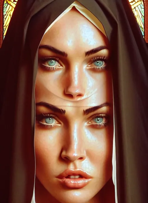 Image similar to portrait of megan fox as a nun praying, catholic, church, bible, christian, intricate, headshot, highly detailed, digital painting, artstation, concept art, sharp focus, cinematic lighting, illustration, art by artgerm and greg rutkowski, alphonse mucha, cgsociety
