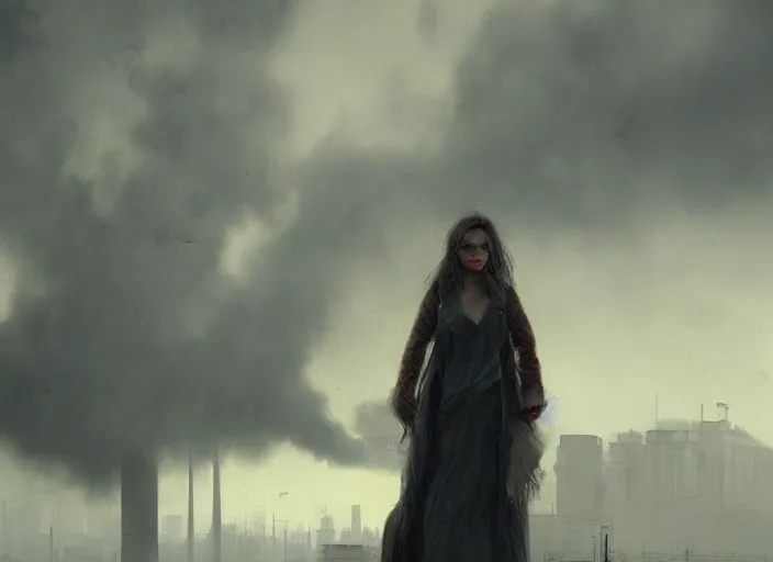 Image similar to mysterious sad girl wrapped in smoke observing a big industrial city metropoli in the distance, cloudy sky, by greg rutkowski