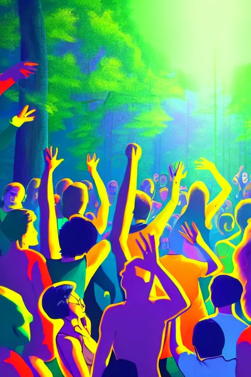 Prompt: scene from a party with ten people dancing in the forest infront of big bass speakers, vibrant colours, beautiful, digital art, winning award masterpiece, cinematic lighting, trending on artstation, 8 k