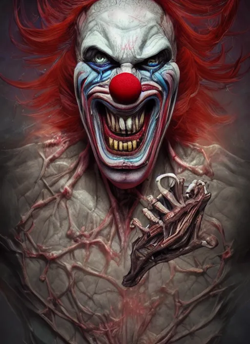 Image similar to evil horror clown, monster anatomy, ross tran, vivid colors, anatomical, highly detailed sculpture, intricate detailed, ommatidia, 8 k, cinematic atmosphere, post - processing