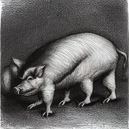 Prompt: Squealer the pig walking on his hind legs, creepy atmosphere, close-up, illustration by Gustave Doré, Animal Farm by George Orwell