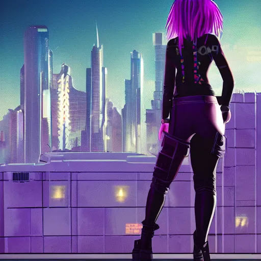 Prompt: book cover artwork of cyberpunk girl standing on a rooftop, short purple hair with undercut, realistic body shape, wearing long leather trenchcoat and black cargo pants. night time, neon cityscape background, flying blimp in the distance. 8 k