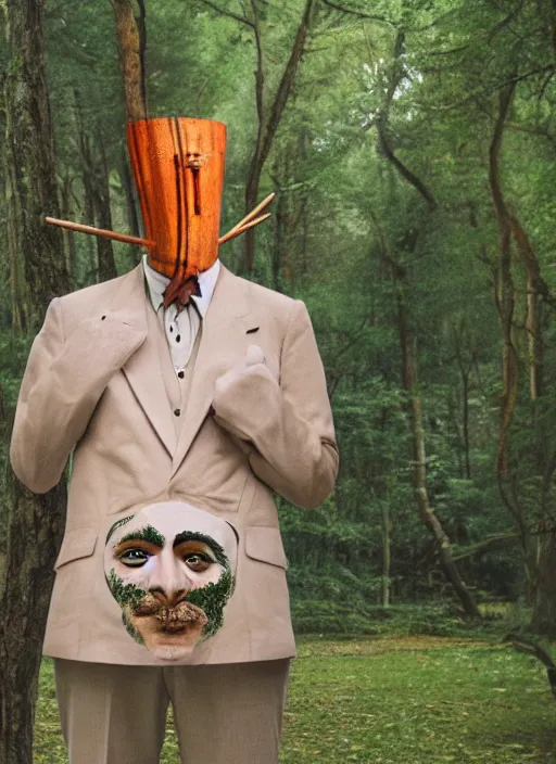 Image similar to a person wearing a Dali mask in an open forest cinema style of Wes Anderson