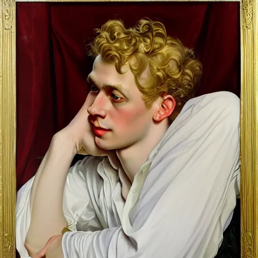 Image similar to beautiful portrait painting of the androgynous pale blond prince Lucius with long curly blond hair, delicate young man wearing an open white dress shirt smiling sleepily at the viewer, curtain bangs over his eyebrows, symmetrically parted fringe, in love by J.C Leyendecker and Norman Rockwell