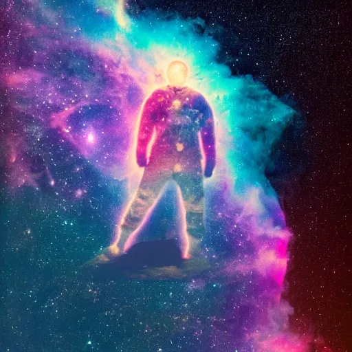 Image similar to modern double exposure monochrome spacesuit over a brilliant iridescent nebula. orange, pink, purple color ombre.