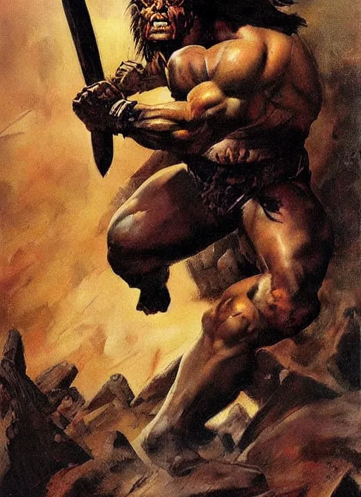 Image similar to portrait of barbarian fighting giant, coherent! by mariusz lewandowski, by frank frazetta, deep color, strong line, high contrast