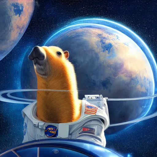 Prompt: A capybara depicted as an astronaut floating in space, extra detailed, digital illustration, by Makoto Shinkai and thomas kinkade, digital painting, Matte painting, trending on artstation and unreal engine