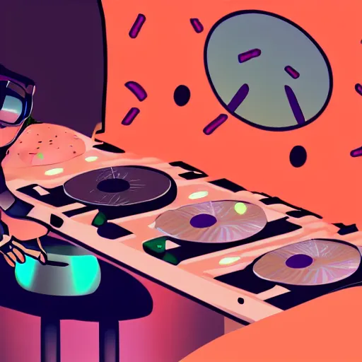 Prompt: a dj at a dj table in a club with pizzas flying through the sky, trending on artstation