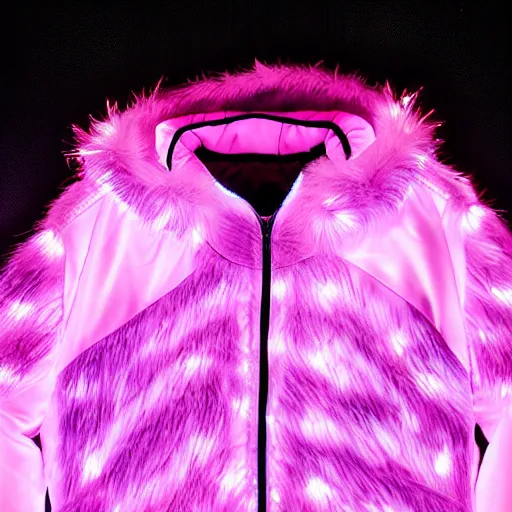 Image similar to autumn season rave jacket with led skin and fluffy lining in the style of cyberdog, product shot, dark background, neon lighting