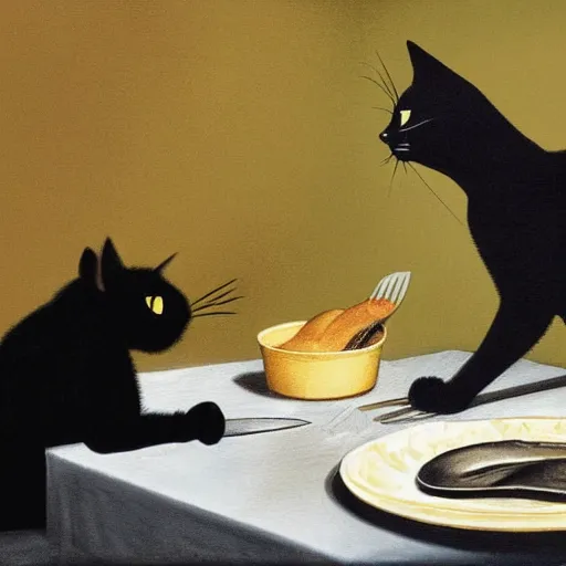 Image similar to a black cat with yellow eyes sitting at the table, eating a plate of mice using a knife and a fork, matte painting, photorealistic, oil painting, illustration