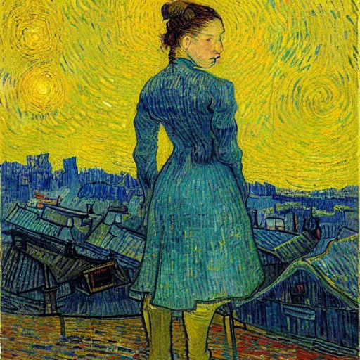 Image similar to a romantic girl on the roof of the house in rotterdam looks at the stars, in the windows yellow light, painting by wang gogh