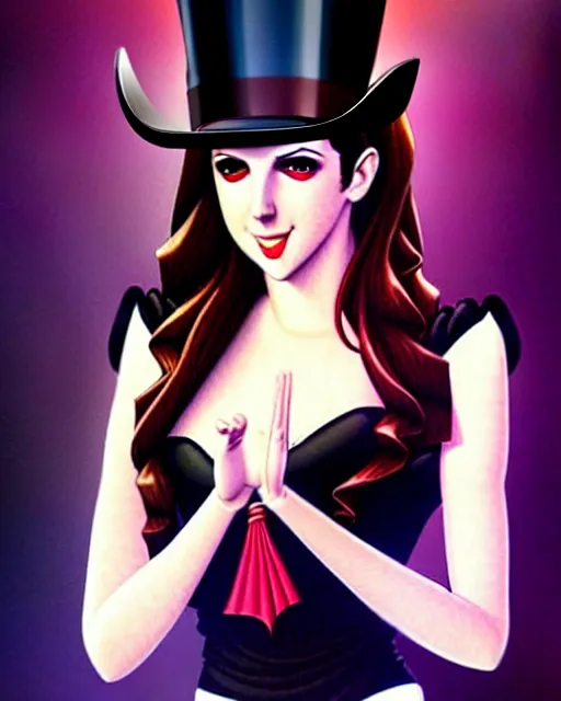 Image similar to beautiful Anna Kendrick Zatanna DC Comics floating on stage, wearing a top hat, symmetrical face symmetrical eyes, smiling, fantasy, intricate details, atmospheric, elegant, concept art, art by artgerm and eiichiro oda, Joshua Middleton art