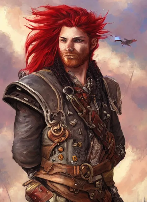 Image similar to an epic fantasy comic book style portrait painting of a long haired, red headed male sky - pirate in front of an airship in the style of eve ventrue