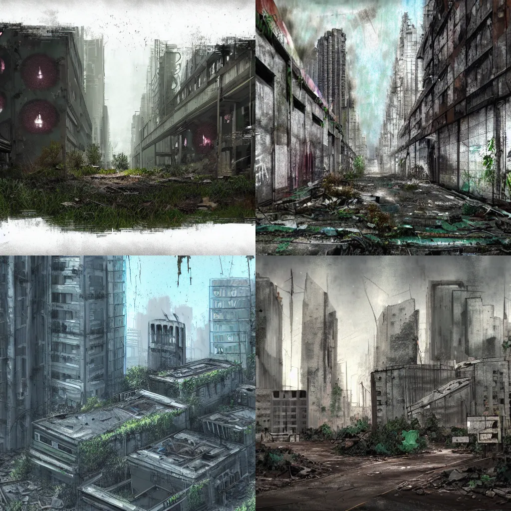 Prompt: Decaying abandoned metropolis with faded graffitis and overgrown vegetation. Brutalist style, concept art, digital painting
