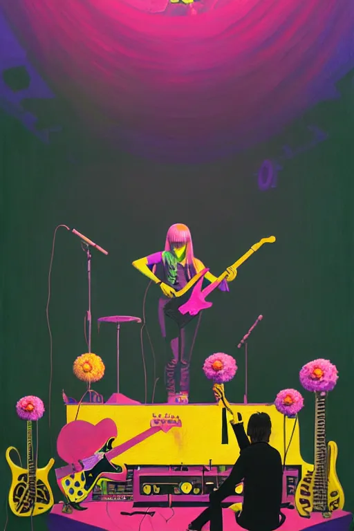 Image similar to the velvet underground and nico playing live on stage at a night club, beautiful stage decoration with flowers in the background, painting by simon stalenhag and wes anderson, very detailed and colorful and toned down and ornamental and moody and cool and relaxed and high on drugs, trending on artstation, behance contest winner