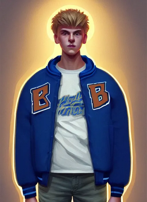 Image similar to portrait of high school senior boy named big moose, blonde short hair, jock, beefy, wide face, square jaw, square facial structure, blue varsity jacket with his name, intricate, elegant, glowing lights, highly detailed, digital painting, artstation, concept art, sharp focus, illustration, art by wlop, mars ravelo and greg rutkowski